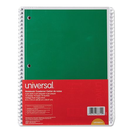 Universal Wirebound Notebook, 1 Sub, Med/Coll, Assorted, 10.5 x 8, 70 Shts, PK4 UNV66614